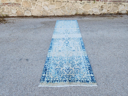 3x10 Boho Rug, Handmade Wool Persian Runner, Blue Floral Boho Hallway Decor