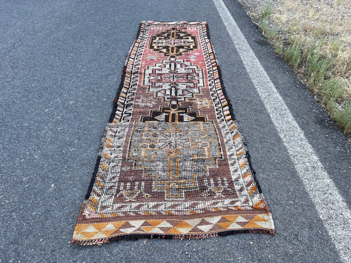 Handwoven Wool Runner Rug: 3x10 Vintage Turkish Herki Rug