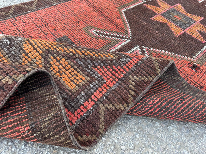 3x9 Geometric Herki Runner: Handwoven Wool in Red and Brown Tribal Design