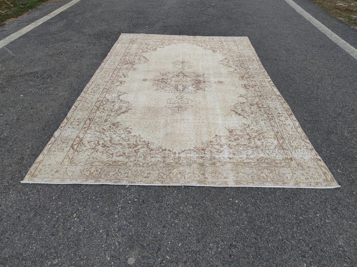 Medallion Area Rug 6x10, Bohemian Rustic Decor, Turkish Hand Knotted Carpet, Beige and Brown