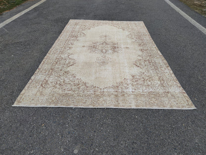 Medallion Area Rug 6x10, Bohemian Rustic Decor, Turkish Hand Knotted Carpet, Beige and Brown