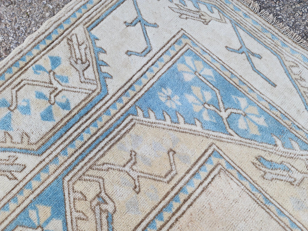 5x8 Neutral Soft Blue Rug, Turkish Hand Made Beige Carpet, Dining Room Boho Decor