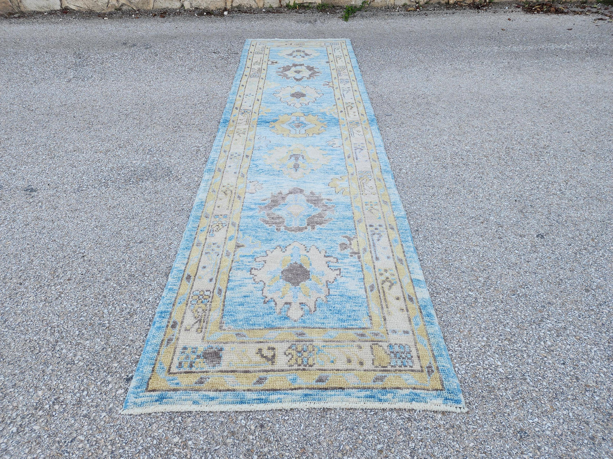 Oushak Wool Runner 3x11: Patina Blue Turkish Entry Rug, Oriental Home Decor