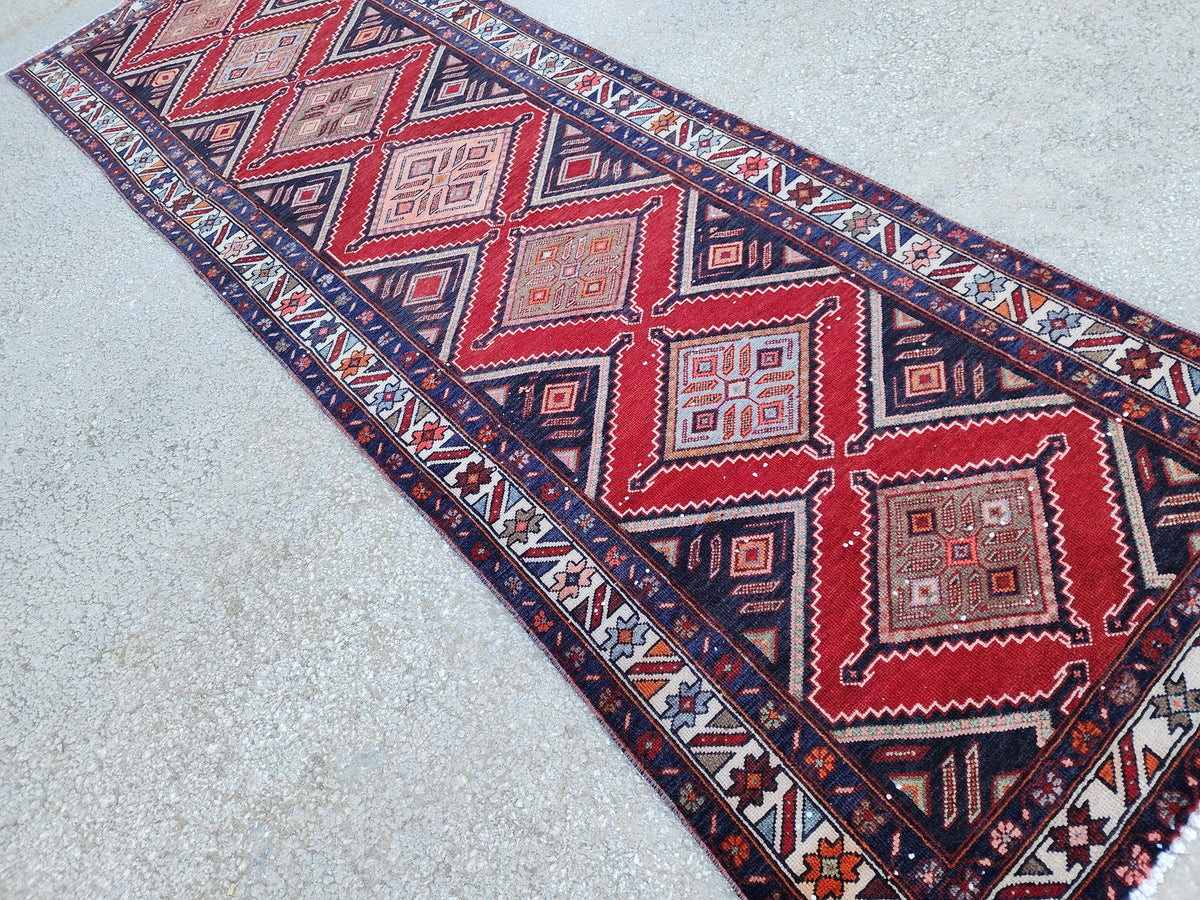 Vintage Hand Woven Rug 3x10: Red and Navy Blue, Persian Geometric Design