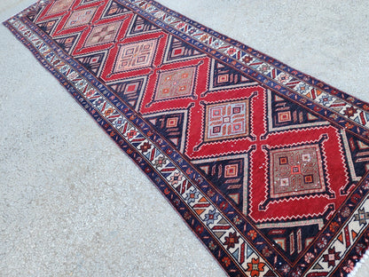 Vintage Hand Woven Rug 3x10: Red and Navy Blue, Persian Geometric Design