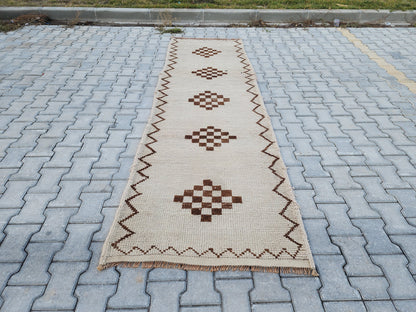 White Herki Rug 3x10: Vintage Bohemian Hallway Runner