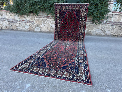 Vintage Wool Runner Rug 3x11: Oriental Hand Knotted, Navy and Faded Red