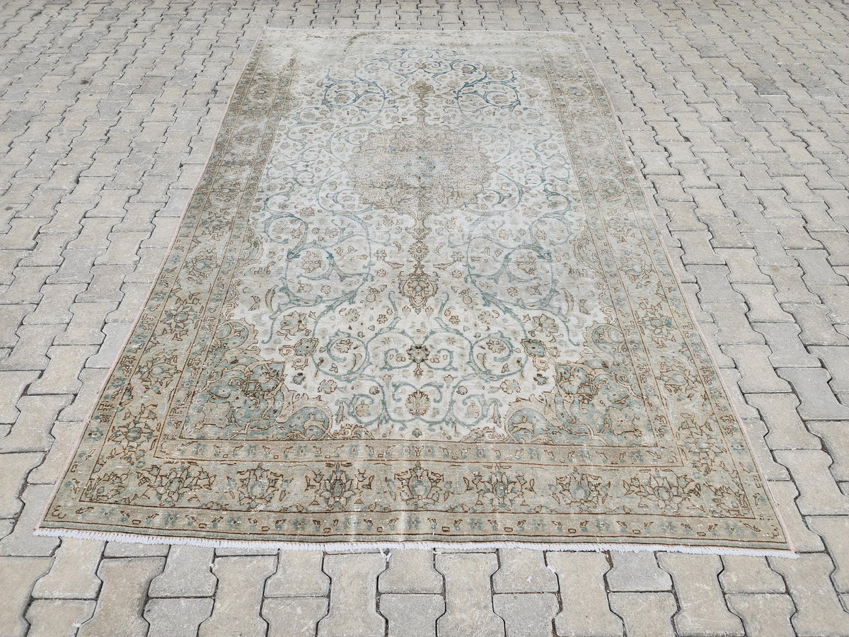 6x11 Neutral Vintage Rug: Green Floral Design Persian Border Design, Hand Knotted