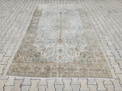 6x11 Neutral Vintage Rug: Green Floral Design Persian Border Design, Hand Knotted