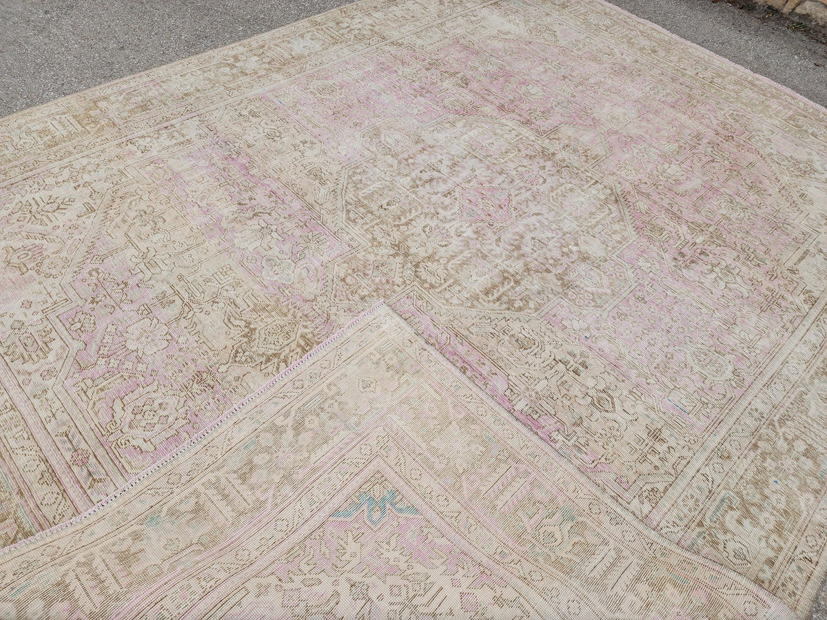 Vintage Hand Knotted Wool Rug 9×12 ft, Beige Geometric Oriental Persian Traditional Carpet