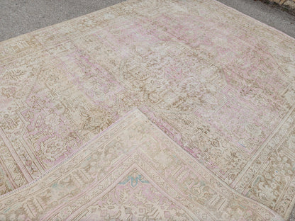 Vintage Hand Knotted Wool Rug 9×12 ft, Beige Geometric Oriental Persian Traditional Carpet
