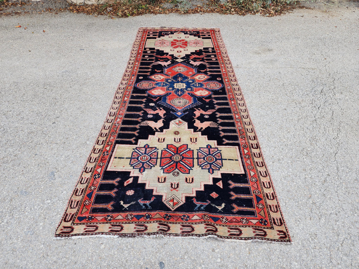 3.7x9.7 Vintage Caucasian Runner Rug, 1950s Handwoven Wool Carpet, Animal Motif Navy Red Tribal Design