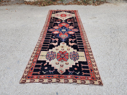 3.7x9.7 Vintage Caucasian Runner Rug, 1950s Handwoven Wool Carpet, Animal Motif Navy Red Tribal Design