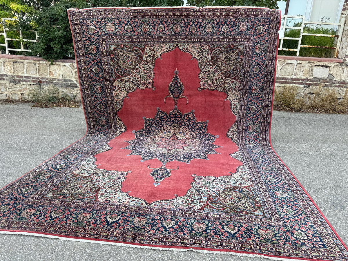 Vintage Area Rug 8x12: Medium Pile Red Wool, Hand Woven