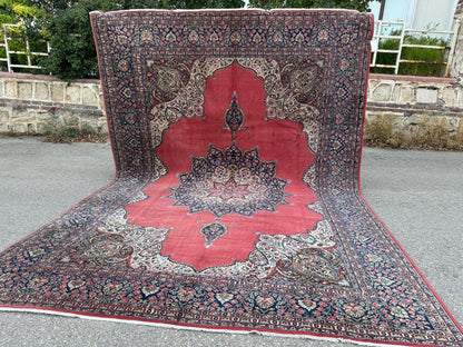 Vintage Area Rug 8x12: Medium Pile Red Wool, Hand Woven