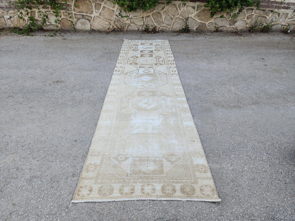 Neutral Geometric Runner Rug 3x13, Bohemian Turkish Hand Made Carpet, Hallway Home Decor