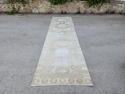 Neutral Geometric Runner Rug 3x13, Bohemian Turkish Hand Made Carpet, Hallway Home Decor