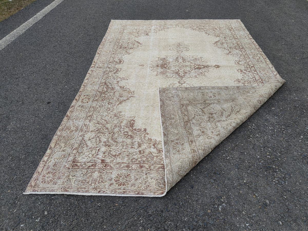 Medallion Area Rug 6x10, Bohemian Rustic Decor, Turkish Hand Knotted Carpet, Beige and Brown