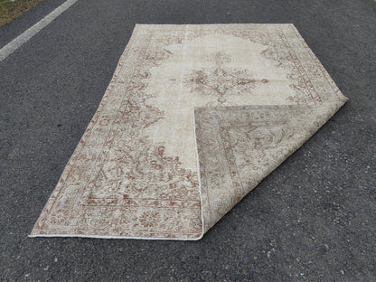 Medallion Area Rug 6x10, Bohemian Rustic Decor, Turkish Hand Knotted Carpet, Beige and Brown