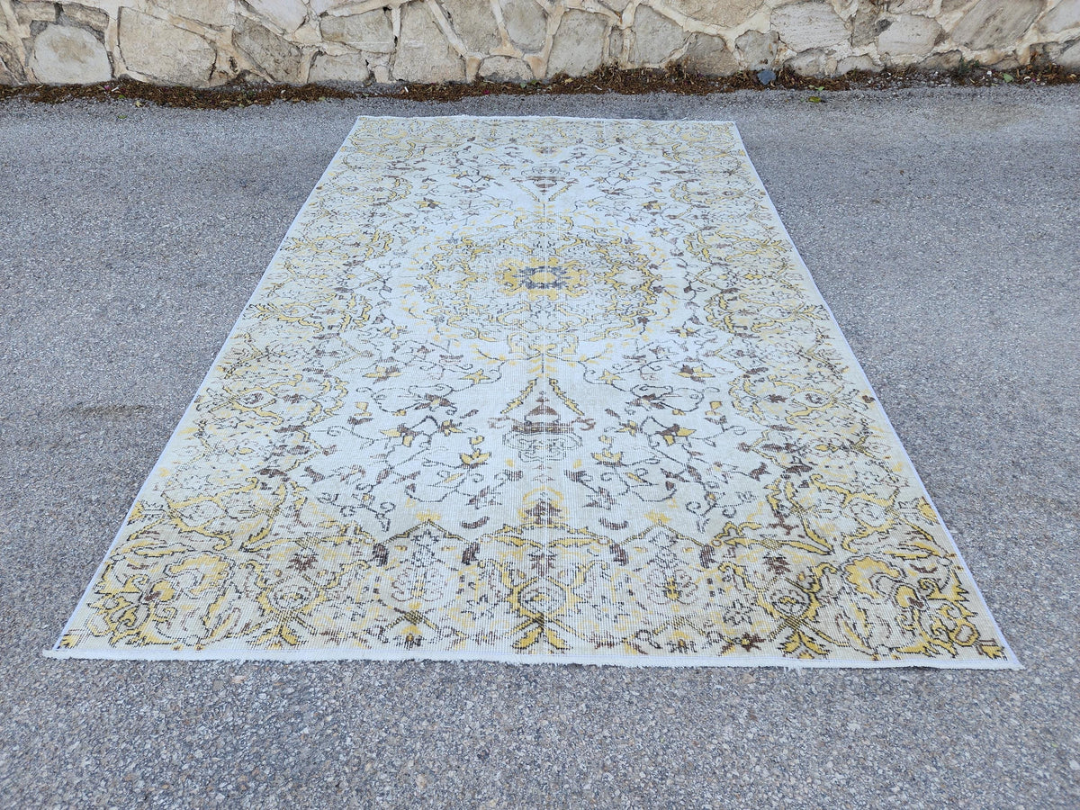 7x9 Handwoven Turkish Oushak Rug: Vintage Wool Rug, Beige and Yellow Neutral Palette