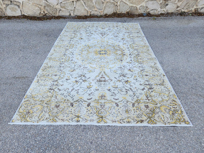 7x9 Handwoven Turkish Oushak Rug: Vintage Wool Rug, Beige and Yellow Neutral Palette
