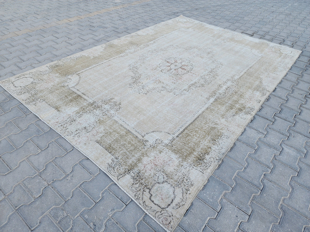 Neutral Oushak Rug 7x10: Green Faded Handwoven Area Rug