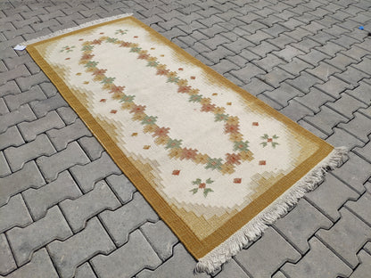 Eclectic Kilim Rug 3x6: Beige Turkish Handmade Rug