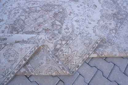 7x10 Neutral Area Rug, Bohemian Home Decor, Oriental Wool Beige and Green Carpet