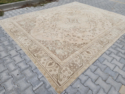 9x12 Neutral Rug, Hand Knotted Medallion Design Carpet, Beige and Brown