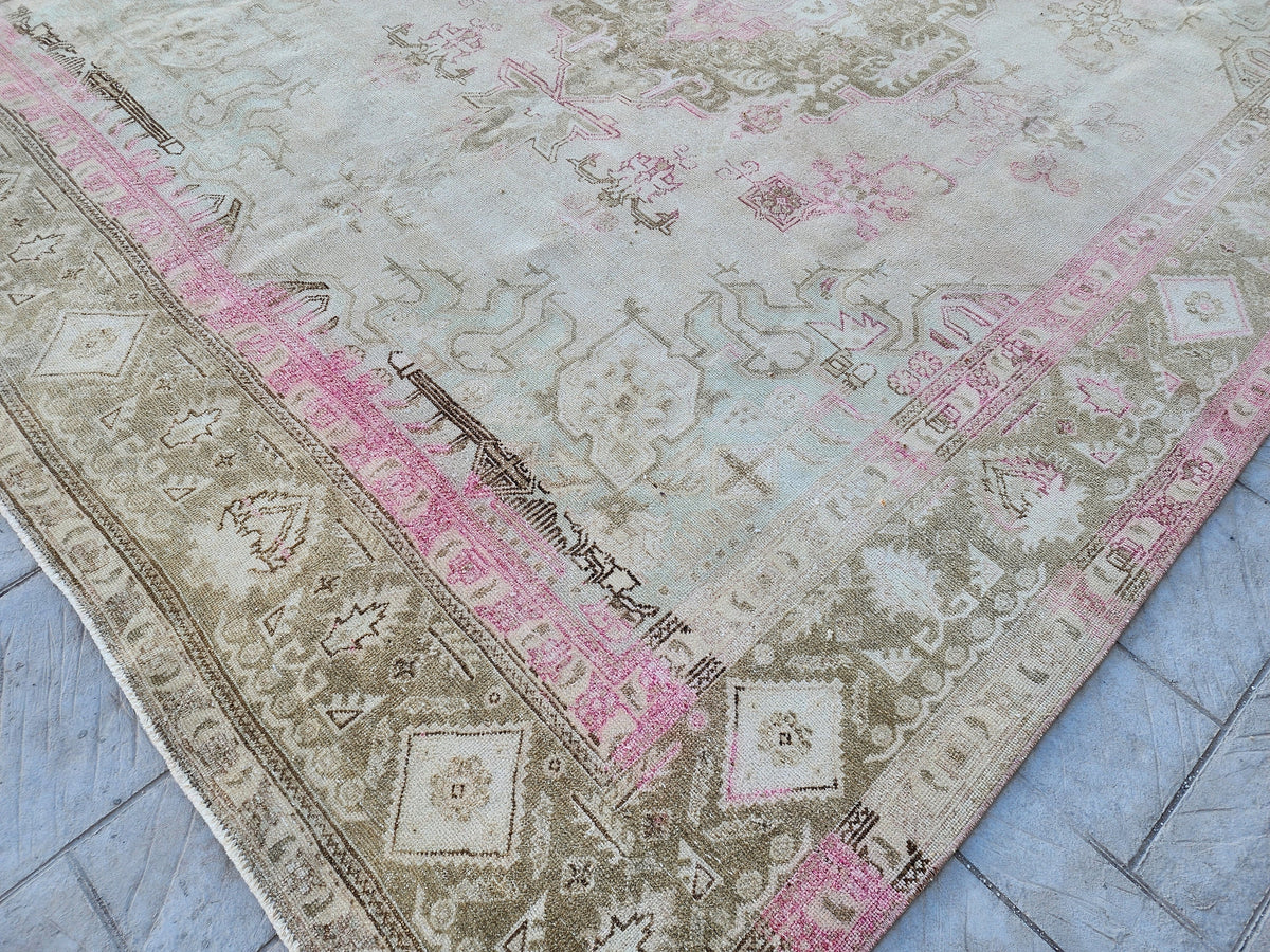 Hand Knotted Wool Vintage Rug: 10x13 Neutral Pink Cream Oversized Area Rug