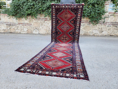 Vintage Hand Woven Rug 3x10: Red and Navy Blue, Persian Geometric Design