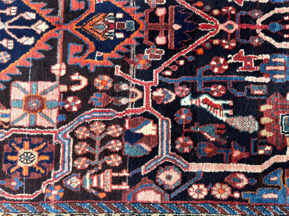 Antique Heriz Rug 5x10: Soft Wool Hand Knotted, Navy and Faded Red