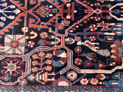 Antique Heriz Rug 5x10: Soft Wool Hand Knotted, Navy and Faded Red