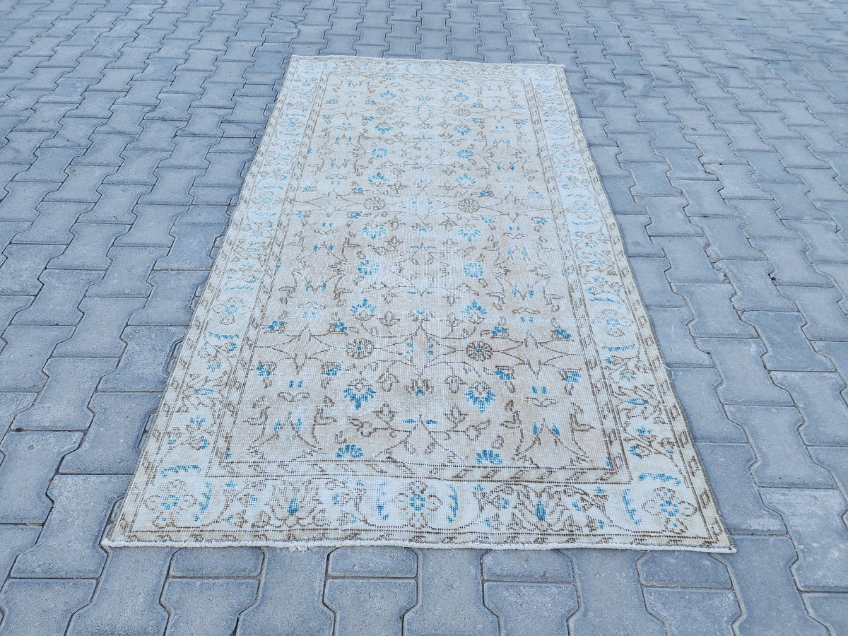 Handwoven Turkish Oushak Rug: 4x7 Neutral Wool & Cotton
