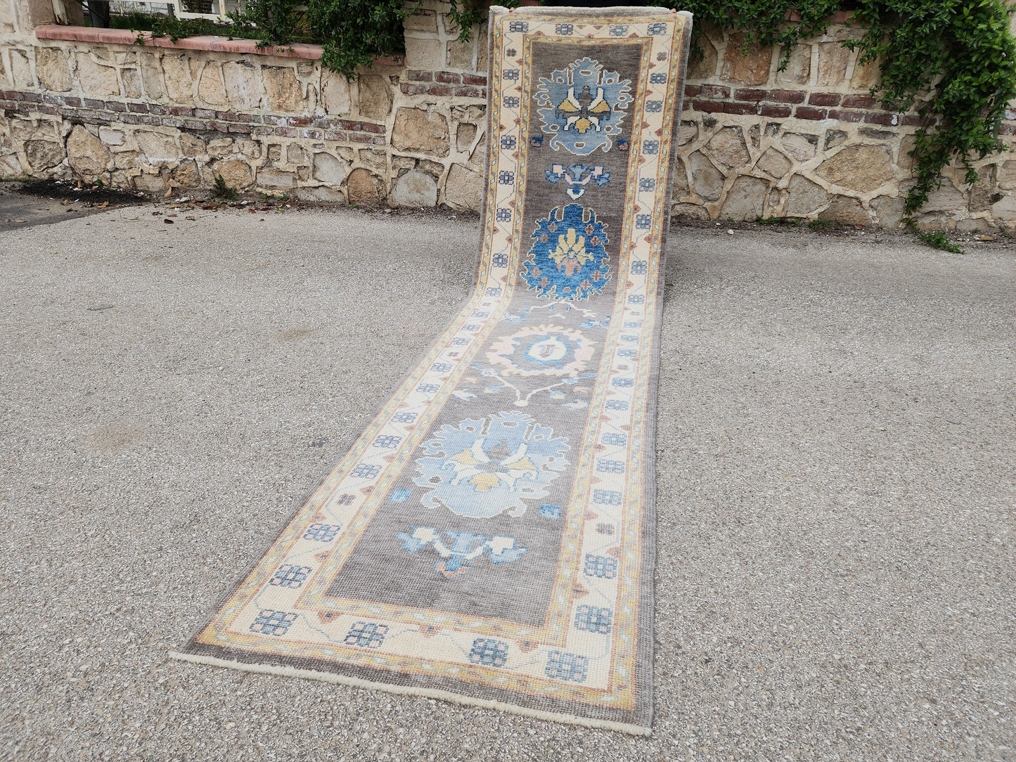 3x12 Turkish Oushak Runner Rug – Hand Knotted Wool Rug, Gray Blue Vintage Style Runner, Extra Long Hallway Rug- sku1812