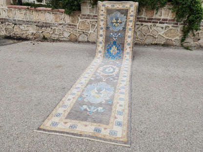 3x12 Turkish Oushak Runner Rug – Hand Knotted Wool Rug, Gray Blue Vintage Style Runner, Extra Long Hallway Rug- sku1812