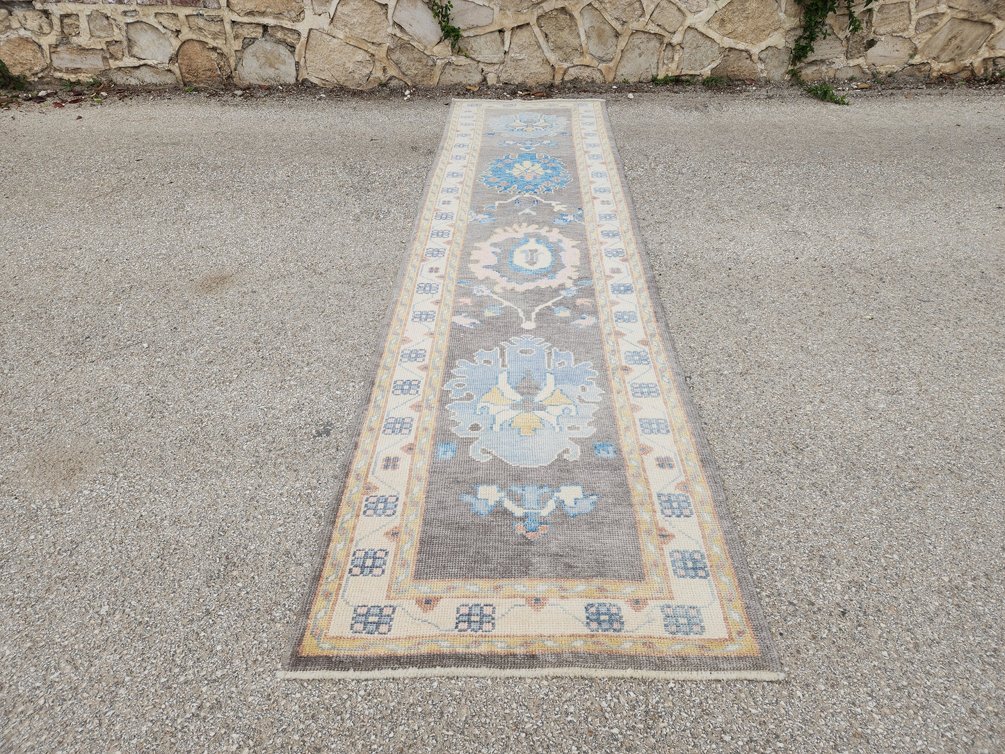 3x12 Turkish Oushak Runner Rug – Hand Knotted Wool Rug, Gray Blue Vintage Style Runner, Extra Long Hallway Rug- sku1812