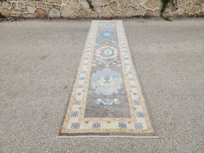 3x12 Turkish Oushak Runner Rug – Hand Knotted Wool Rug, Gray Blue Vintage Style Runner, Extra Long Hallway Rug- sku1812