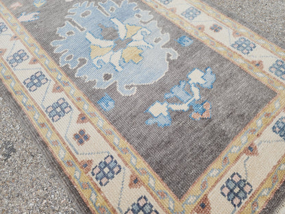 3x12 Turkish Oushak Runner Rug – Hand Knotted Wool Rug, Gray Blue Vintage Style Runner, Extra Long Hallway Rug- sku1812