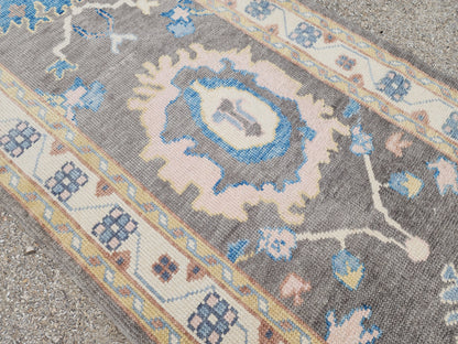 3x12 Turkish Oushak Runner Rug – Hand Knotted Wool Rug, Gray Blue Vintage Style Runner, Extra Long Hallway Rug- sku1812