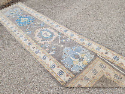 3x12 Turkish Oushak Runner Rug – Hand Knotted Wool Rug, Gray Blue Vintage Style Runner, Extra Long Hallway Rug- sku1812