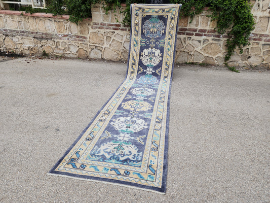 3x13 Oushak Runner Rug – Hand Knotted Wool Runner, Blue Hallway Rug- sku1814