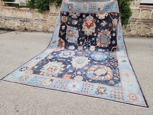 8x10 Turkish Oushak Rug – Hand Knotted Wool Rug, Navy Blue Floral Area Rug, Large Living Room Rug, sku1816