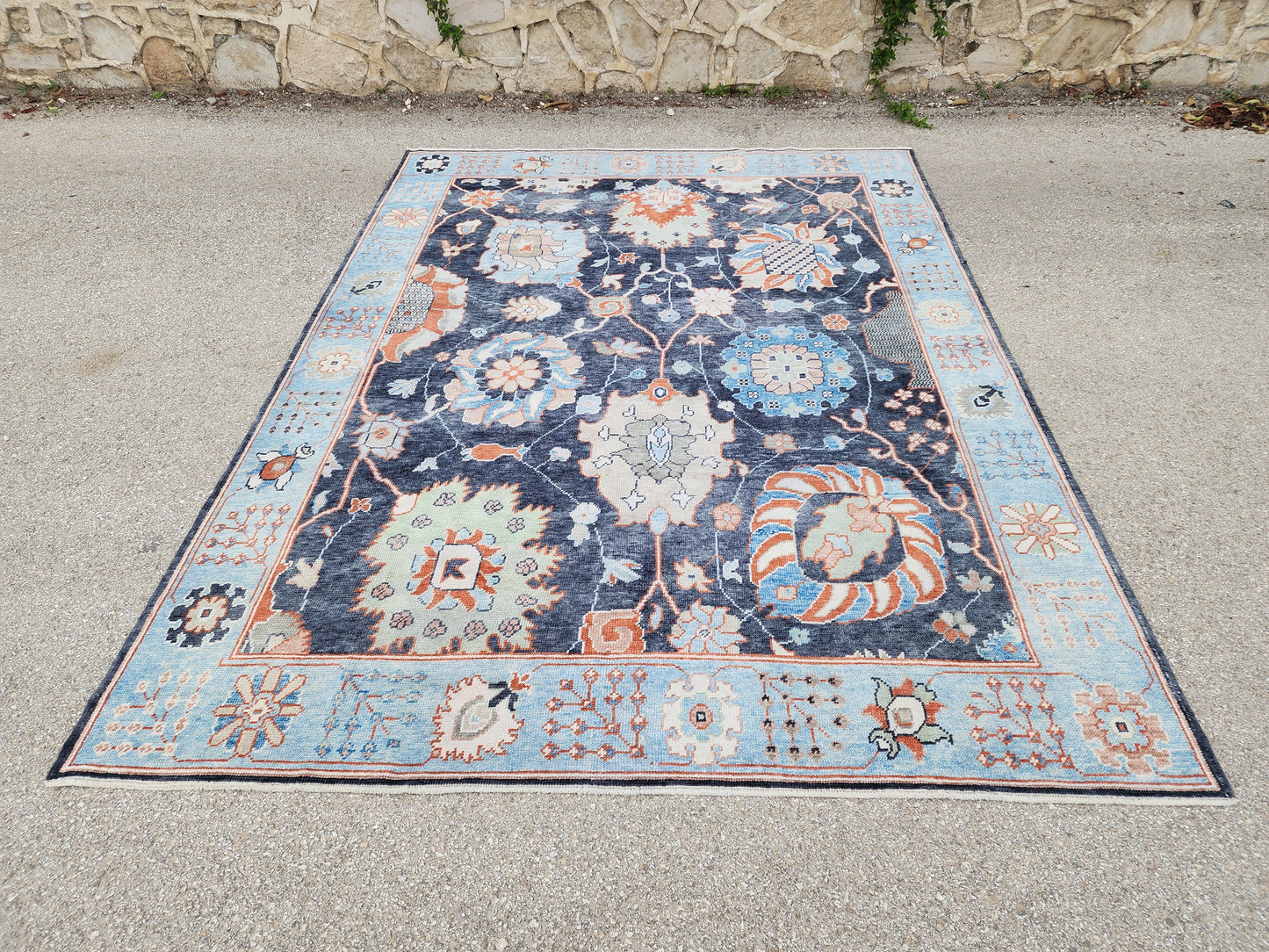 8x10 Turkish Oushak Rug – Hand Knotted Wool Rug, Navy Blue Floral Area Rug, Large Living Room Rug, sku1816