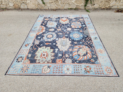 8x10 Turkish Oushak Rug – Hand Knotted Wool Rug, Navy Blue Floral Area Rug, Large Living Room Rug, sku1816