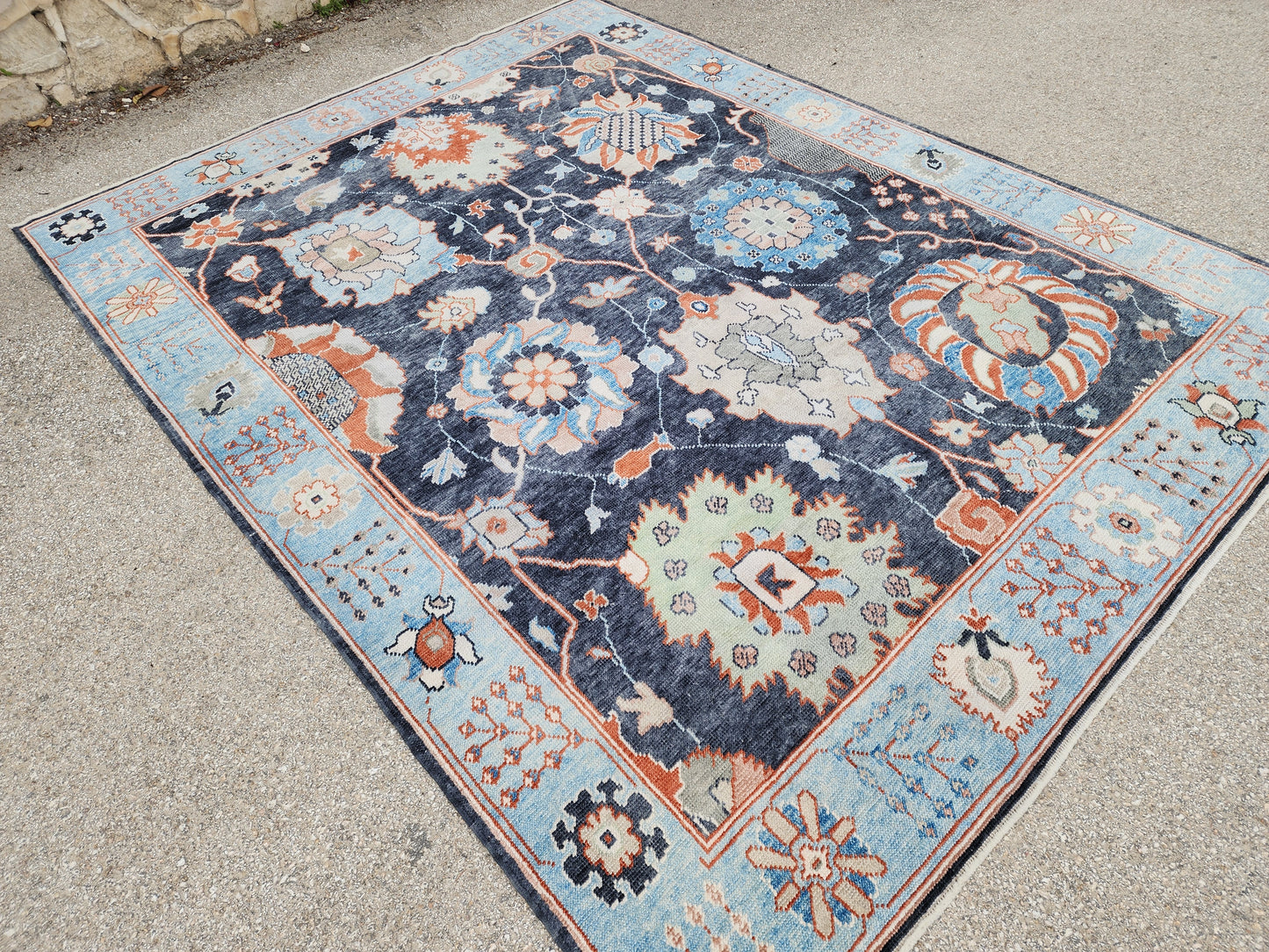 8x10 Turkish Oushak Rug – Hand Knotted Wool Rug, Navy Blue Floral Area Rug, Large Living Room Rug, sku1816