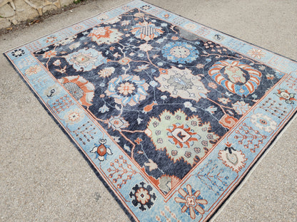 8x10 Turkish Oushak Rug – Hand Knotted Wool Rug, Navy Blue Floral Area Rug, Large Living Room Rug, sku1816
