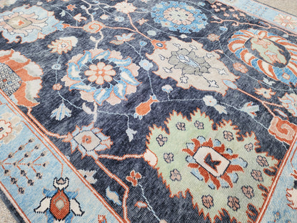 8x10 Turkish Oushak Rug – Hand Knotted Wool Rug, Navy Blue Floral Area Rug, Large Living Room Rug, sku1816