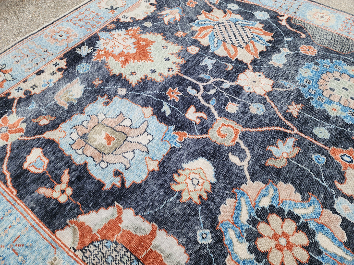 8x10 Turkish Oushak Rug – Hand Knotted Wool Rug, Navy Blue Floral Area Rug, Large Living Room Rug, sku1816