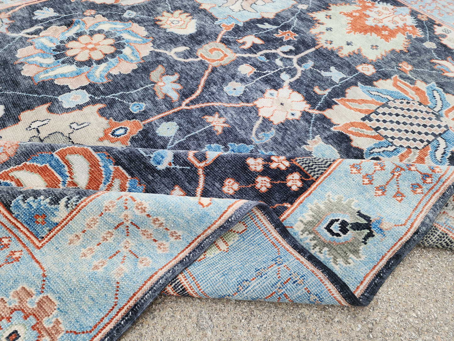 8x10 Turkish Oushak Rug – Hand Knotted Wool Rug, Navy Blue Floral Area Rug, Large Living Room Rug, sku1816